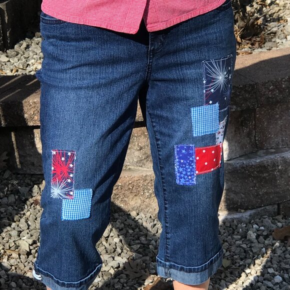 Upcycled Patchwork Jean Capris: Patriotic Theme Cropped Pants 4th of July, 12P - Picture 4 of 12